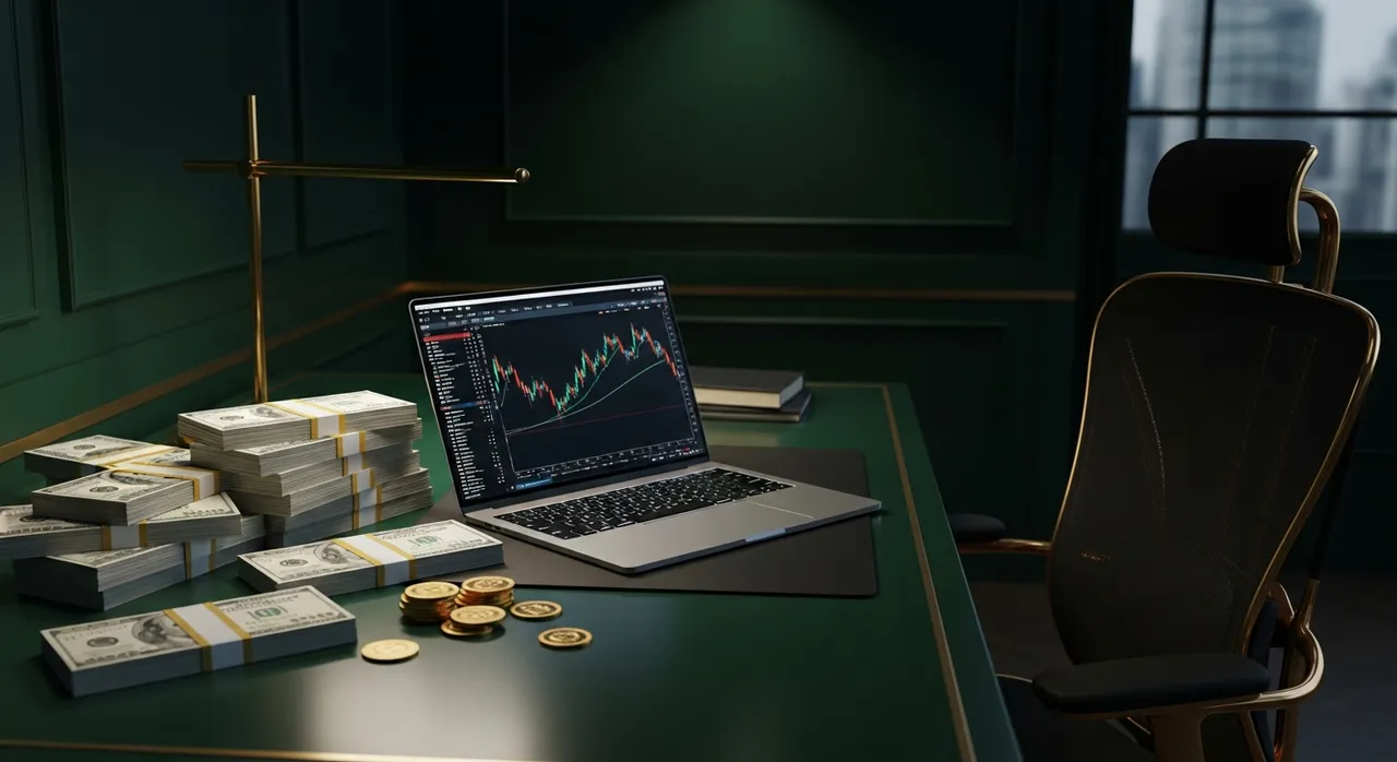 Modern very high quality large workspace with a laptop, money, and gold coins