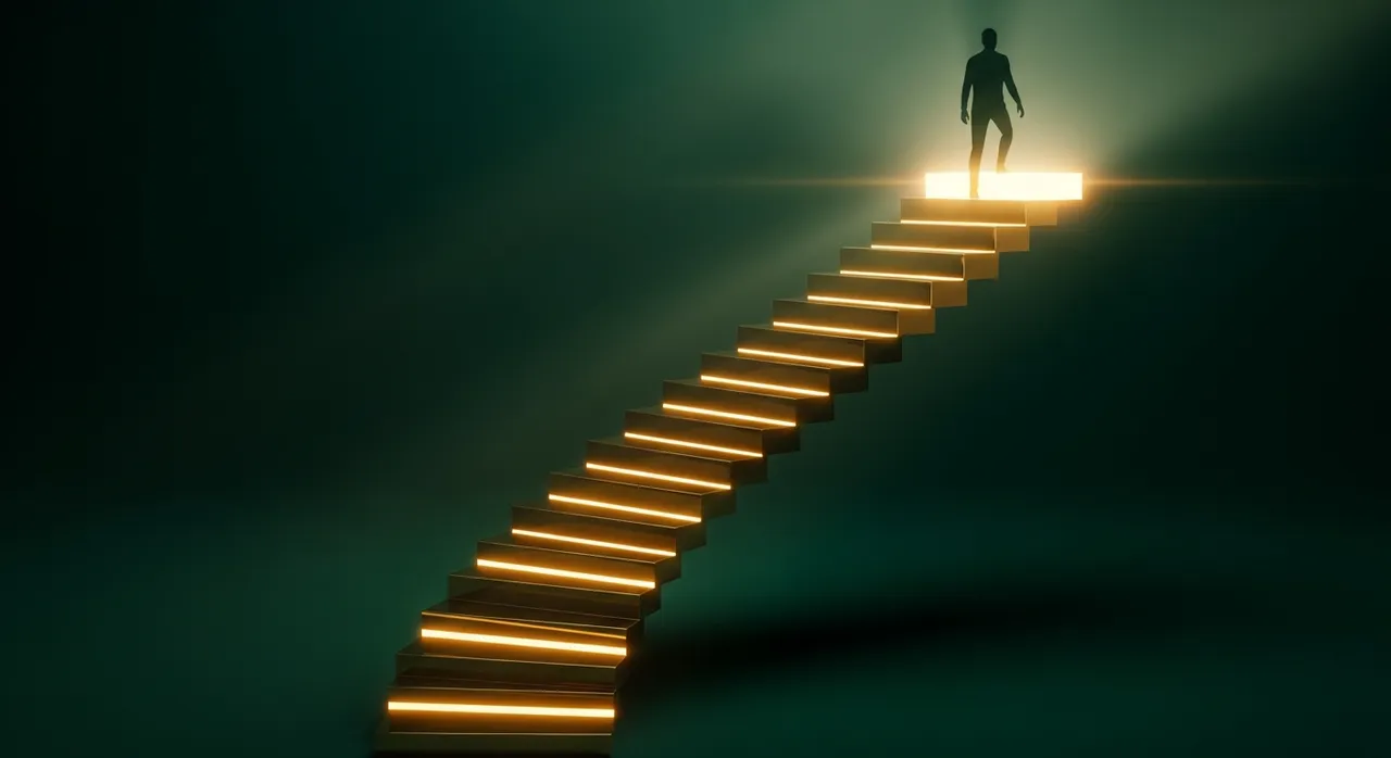 A spectacular 7-step open stairway with a successful person reaching the glowing top goal against a high-quality cinematic background
